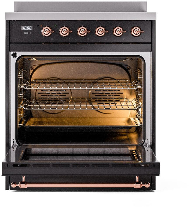 ILVE Nostalgie II 30" Electric Range, Glossy Black, Copper Trim UPI304NMPBKP