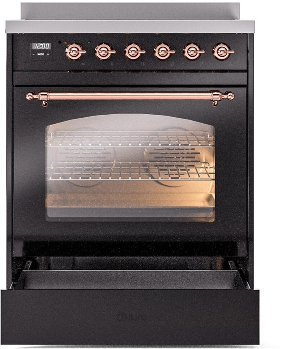 ILVE Nostalgie II 30" Electric Range, Glossy Black, Copper Trim UPI304NMPBKP