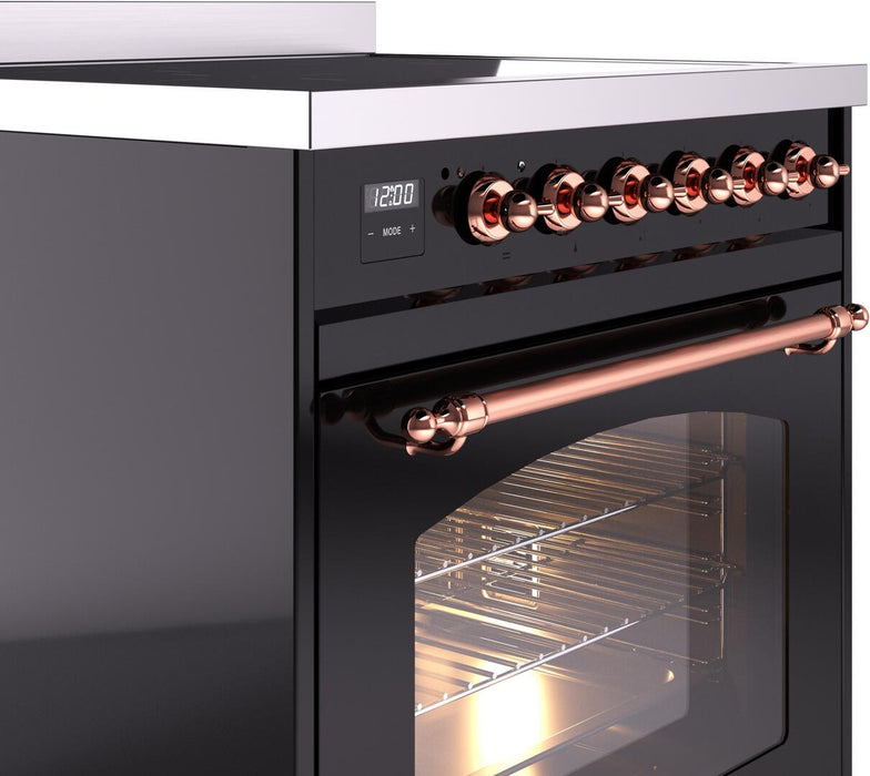 ILVE Nostalgie II 30" Electric Range, Glossy Black, Copper Trim UPI304NMPBKP