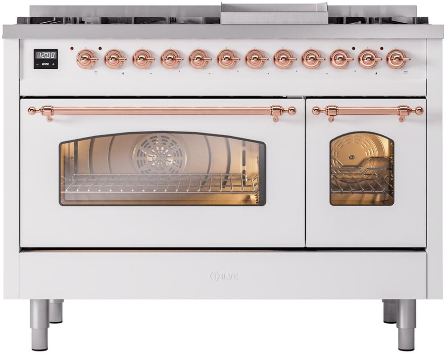 ILVE Nostalgie II 48" Dual Fuel Natural Gas Range, White, Copper Trim UP48FNMPWHP