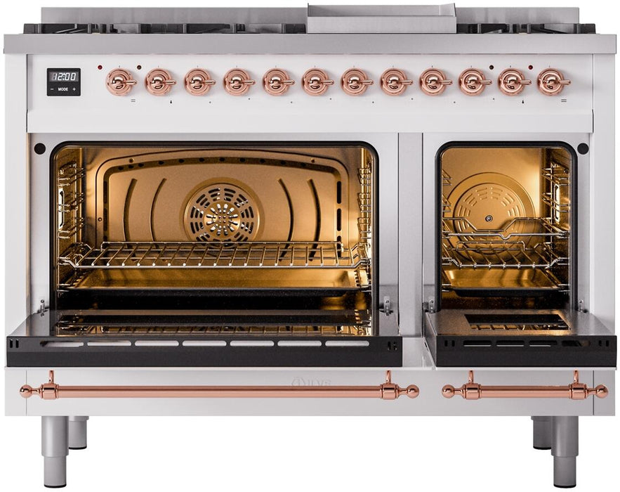 ILVE Nostalgie II 48" Dual Fuel Natural Gas Range, White, Copper Trim UP48FNMPWHP