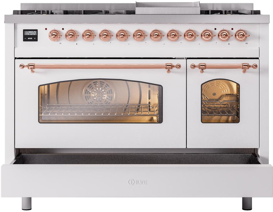 ILVE Nostalgie II 48" Dual Fuel Natural Gas Range, White, Copper Trim UP48FNMPWHP