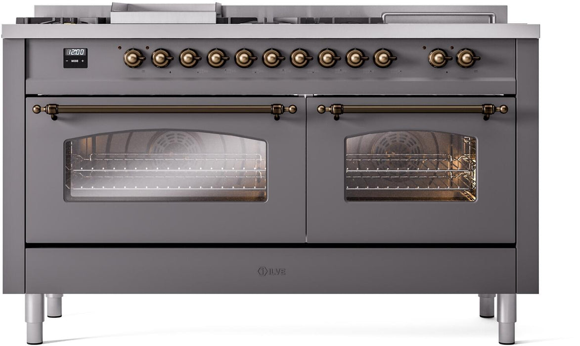 ILVE Nostalgie II 60" Dual Fuel Natural Gas Range, Matte Graphite, Bronze Trim UP60FSNMPMGB