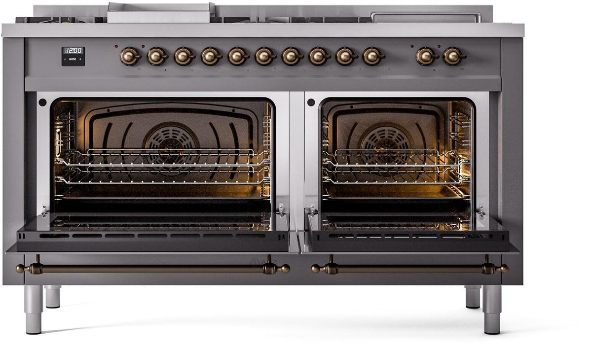 ILVE Nostalgie II 60" Dual Fuel Natural Gas Range, Matte Graphite, Bronze Trim UP60FSNMPMGB