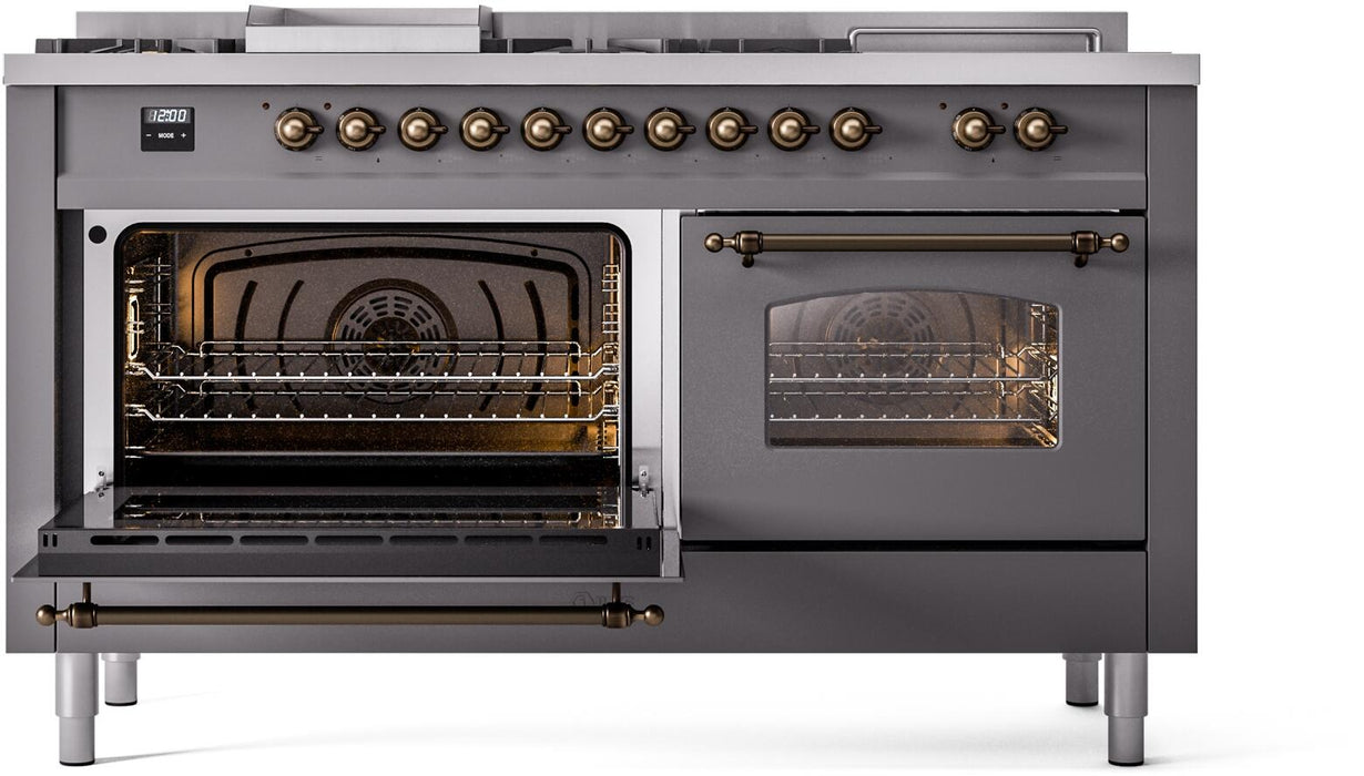 ILVE Nostalgie II 60" Dual Fuel Natural Gas Range, Matte Graphite, Bronze Trim UP60FSNMPMGB