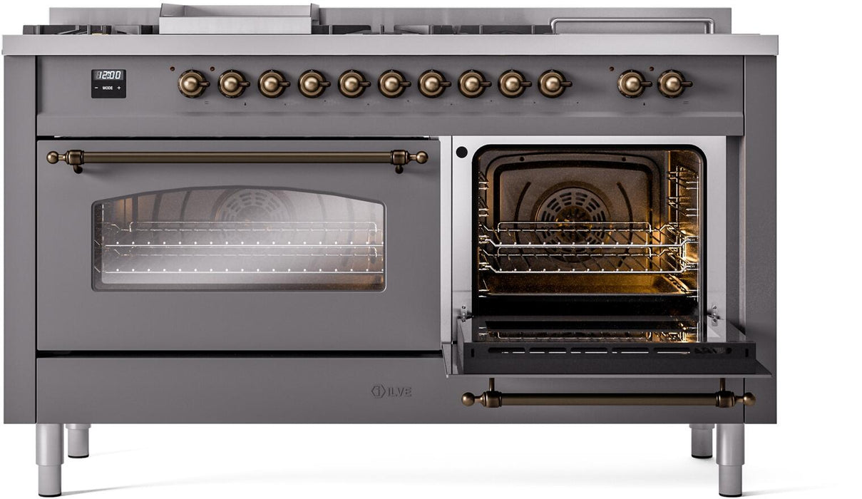 ILVE Nostalgie II 60" Dual Fuel Natural Gas Range, Matte Graphite, Bronze Trim UP60FSNMPMGB