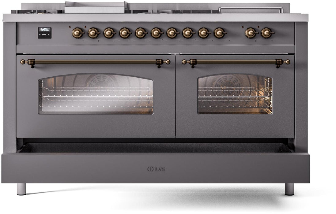 ILVE Nostalgie II 60" Dual Fuel Natural Gas Range, Matte Graphite, Bronze Trim UP60FSNMPMGB
