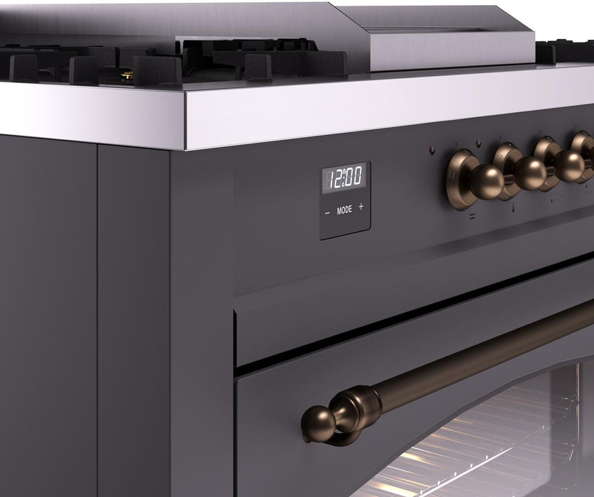 ILVE Nostalgie II 60" Dual Fuel Natural Gas Range, Matte Graphite, Bronze Trim UP60FSNMPMGB