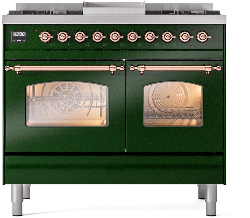ILVE Nostalgie II 40" Dual Fuel Liquid Propane Range, Emerald Green, Copper Trim ILVE UPD40FNMPEGPLP