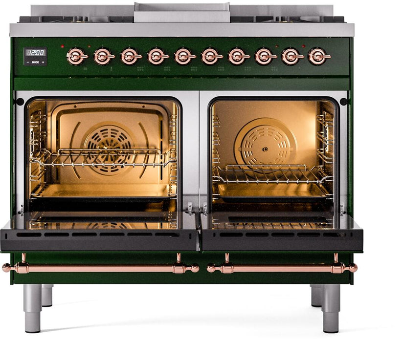 ILVE Nostalgie II 40" Dual Fuel Liquid Propane Range, Emerald Green, Copper Trim ILVE UPD40FNMPEGPLP