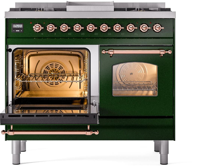 ILVE Nostalgie II 40" Dual Fuel Liquid Propane Range, Emerald Green, Copper Trim ILVE UPD40FNMPEGPLP