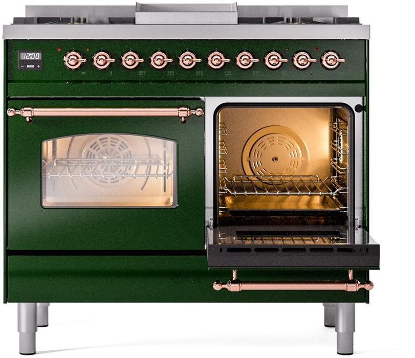 ILVE Nostalgie II 40" Dual Fuel Liquid Propane Range, Emerald Green, Copper Trim ILVE UPD40FNMPEGPLP