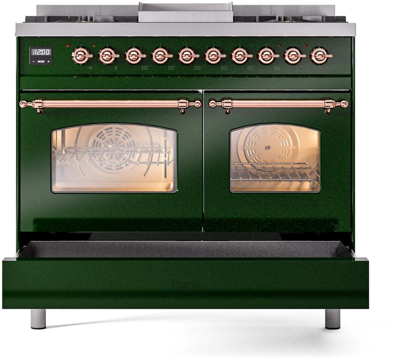 ILVE Nostalgie II 40" Dual Fuel Liquid Propane Range, Emerald Green, Copper Trim ILVE UPD40FNMPEGPLP