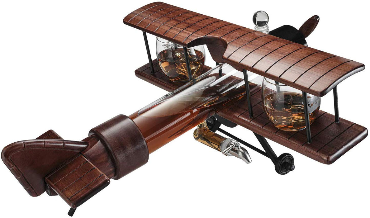 Whiskey & Wine Decanter Airplane Set and Glasses Antique Wood Airplane - The Wine Savant Whiskey Gift Set and 2 Airplane Glasses, Pilot Gift Moving Parts- Alcohol Related Gift, BAR DECOR Large 21"