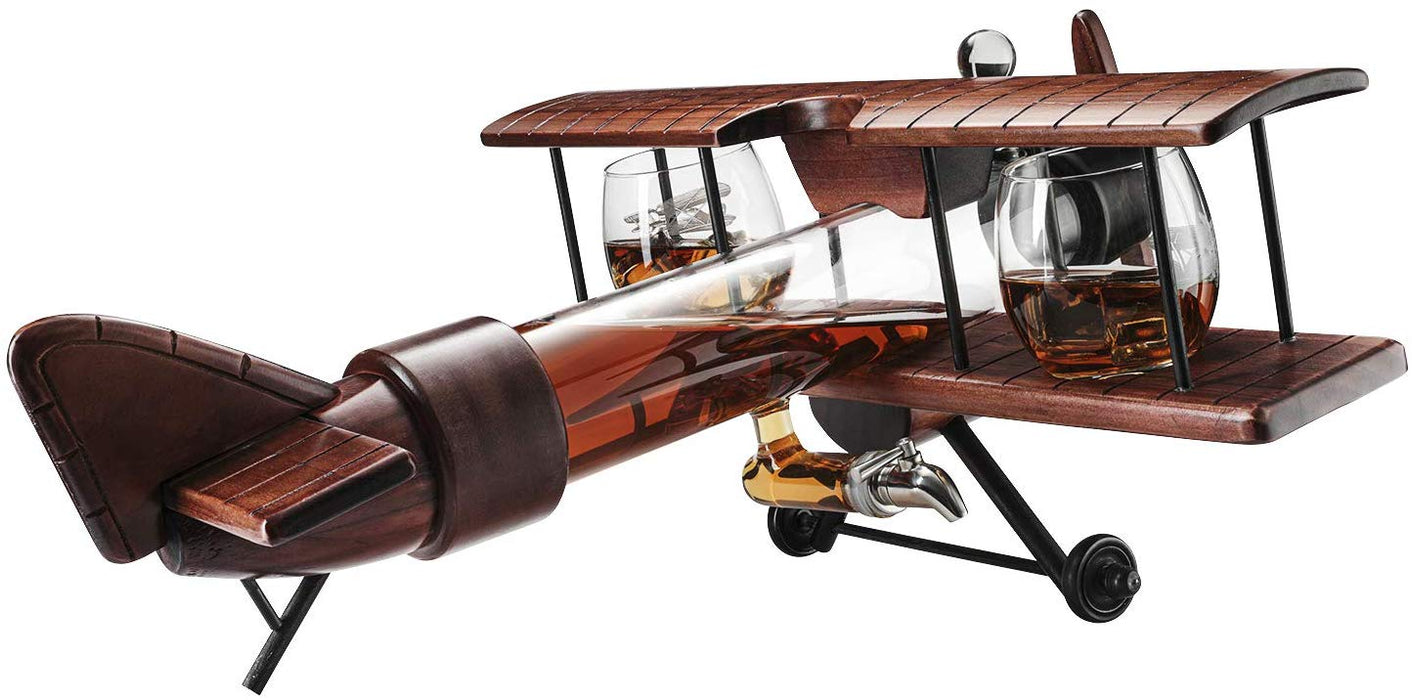 Whiskey & Wine Decanter Airplane Set and Glasses Antique Wood Airplane - The Wine Savant Whiskey Gift Set and 2 Airplane Glasses, Pilot Gift Moving Parts- Alcohol Related Gift, BAR DECOR Large 21"