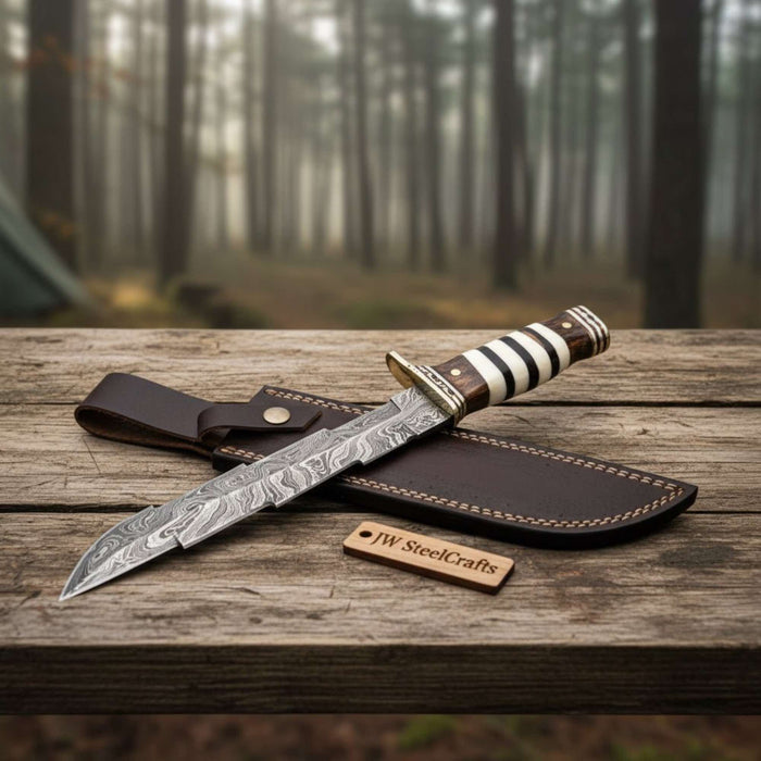 American Clip Point Bowie Knife with Damascus Steel Blade and Rosewood Handle