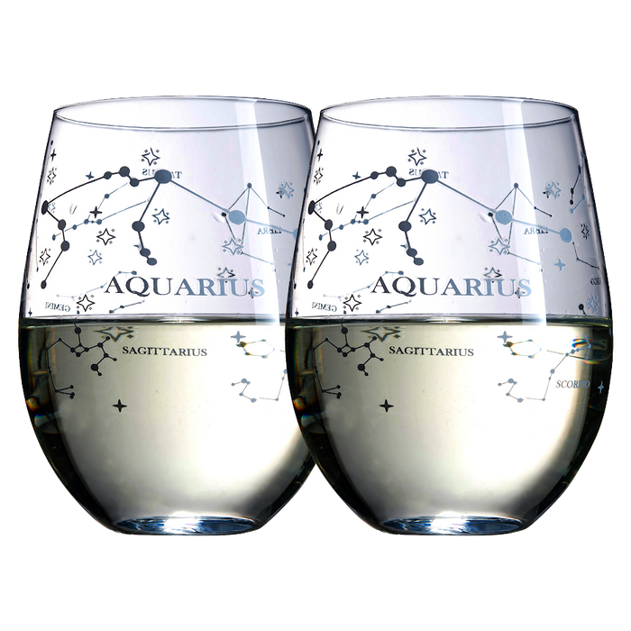 Set of 2 Zodiac Sign Wine Glasses with 2 Wooden Coasters by The Wine Savant - Astrology Drinking Glass Set with Etched Constellation Tumblers for Juice, Water Home Bar Horoscope Gifts 18oz (Aquarius)