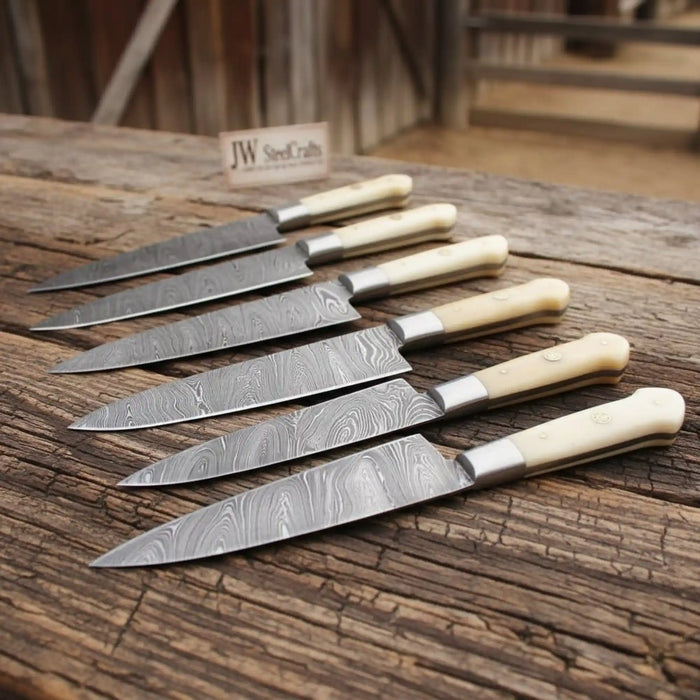 6-Piece Texas Flag Damascus Steak & Utility Knife Set — Pakka Wood & Bone Handles