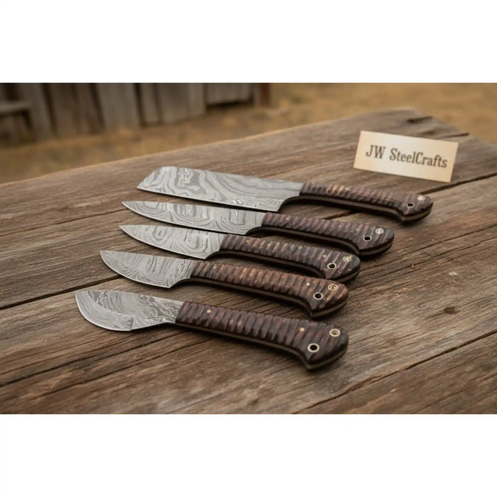 Artisan 5-Piece Damascus Chef Knife Set with Brown Pakka Wood Handles and Lanyard Holes
