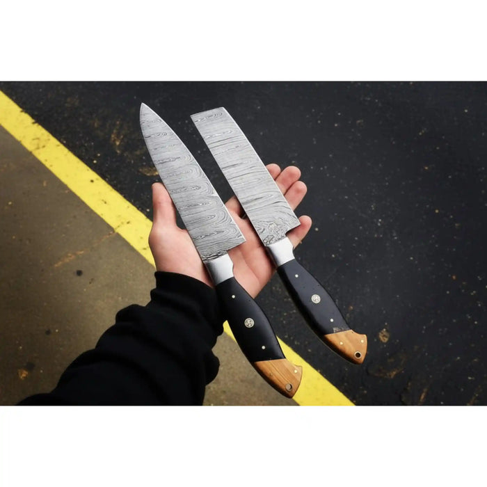 Japanese Damascus Kitchen Knife Pair – Gyuto & Nakiri | 13” Chef Knife & 12” Cleaver, Olive Wood Handle, Full Tang