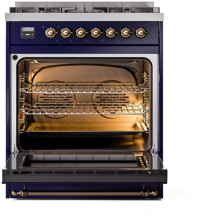 ILVE Nostalgie II 30" Dual Fuel Liquid Propane Range, Blue, Bronze Trim UP30NMPMBBLP