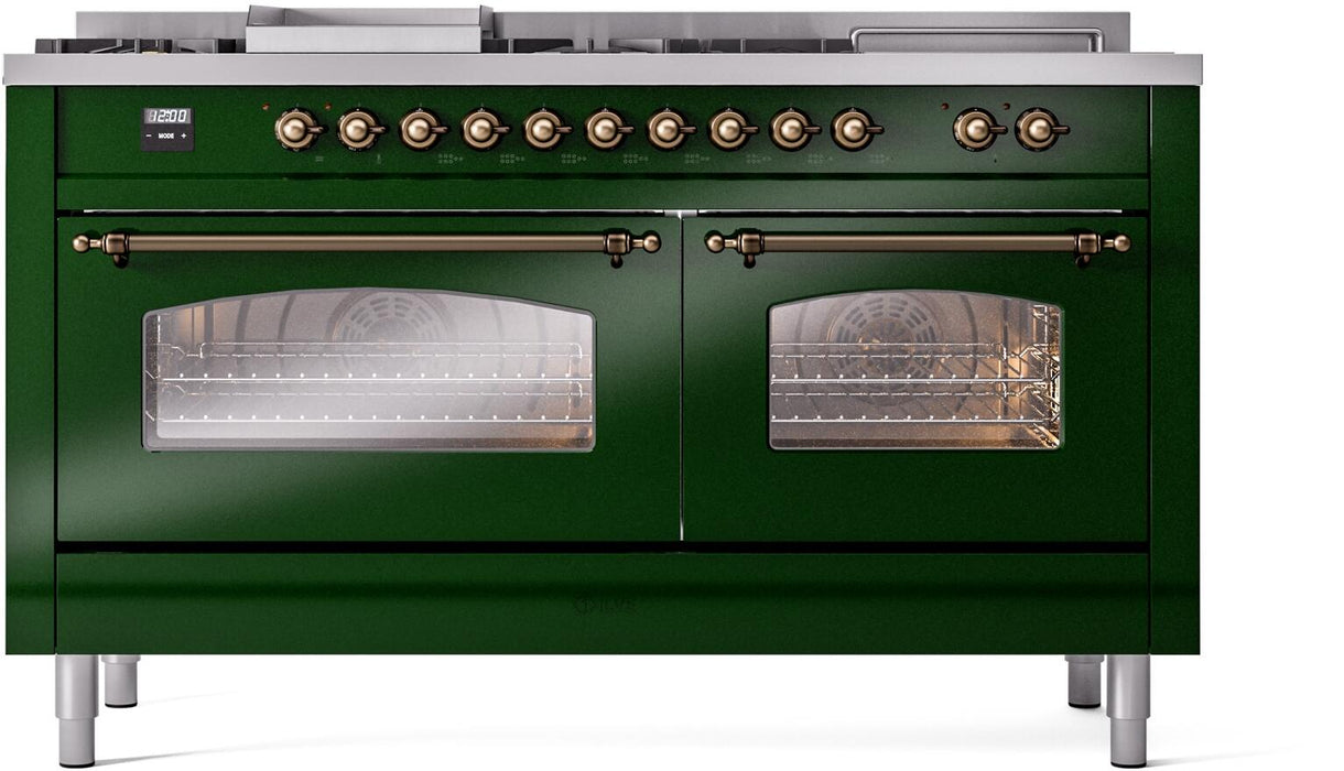 ILVE Nostalgie II 60" Dual Fuel Natural Gas Range, Emerald Green, Bronze Trim UP60FSNMPEGB