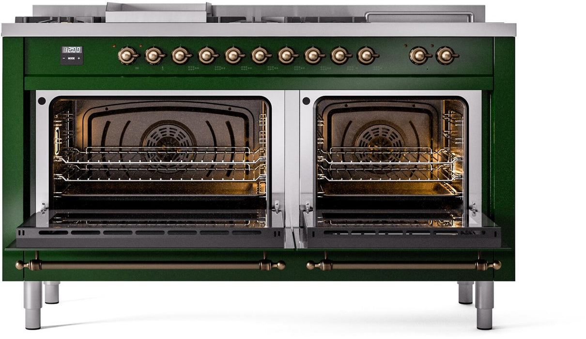 ILVE Nostalgie II 60" Dual Fuel Liquid Propane Range, Emerald Green, Bronze Trim UP60FSNMPEGBLP