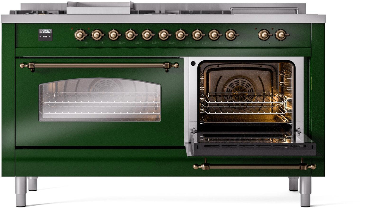 ILVE Nostalgie II 60" Dual Fuel Liquid Propane Range, Emerald Green, Bronze Trim UP60FSNMPEGBLP