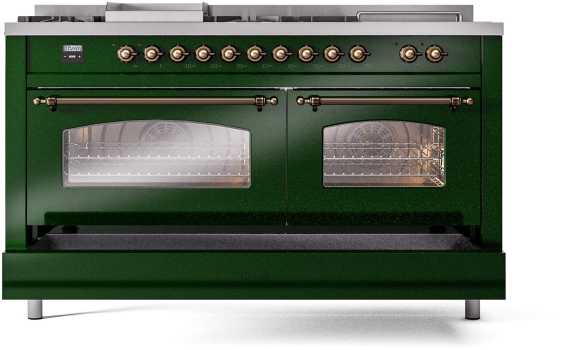 ILVE Nostalgie II 60" Dual Fuel Liquid Propane Range, Emerald Green, Bronze Trim UP60FSNMPEGBLP