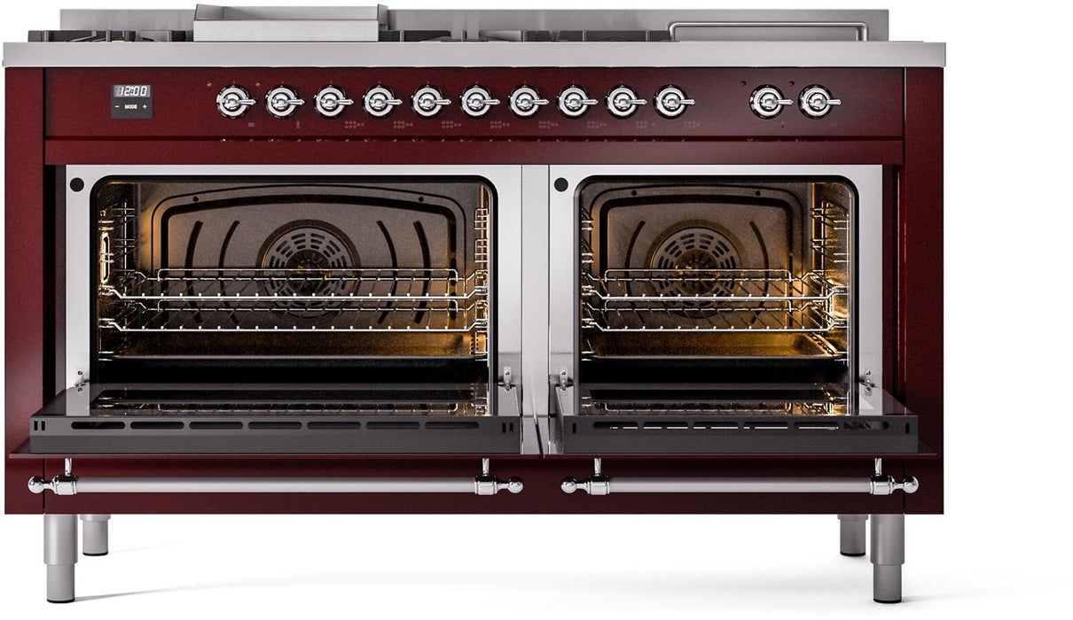 ILVE Nostalgie II 60" Dual Fuel Liquid Propane Range, Burgundy, Chrome Trim UP60FSNMPBUCLP