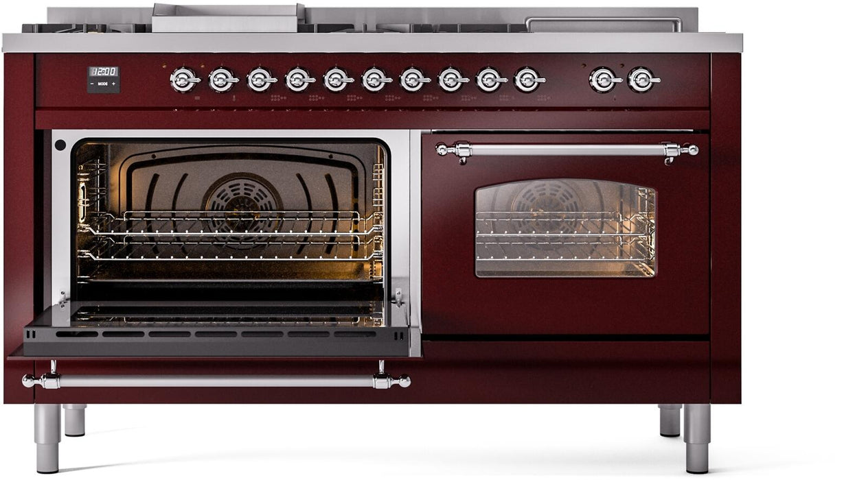 ILVE Nostalgie II 60" Dual Fuel Liquid Propane Range, Burgundy, Chrome Trim UP60FSNMPBUCLP