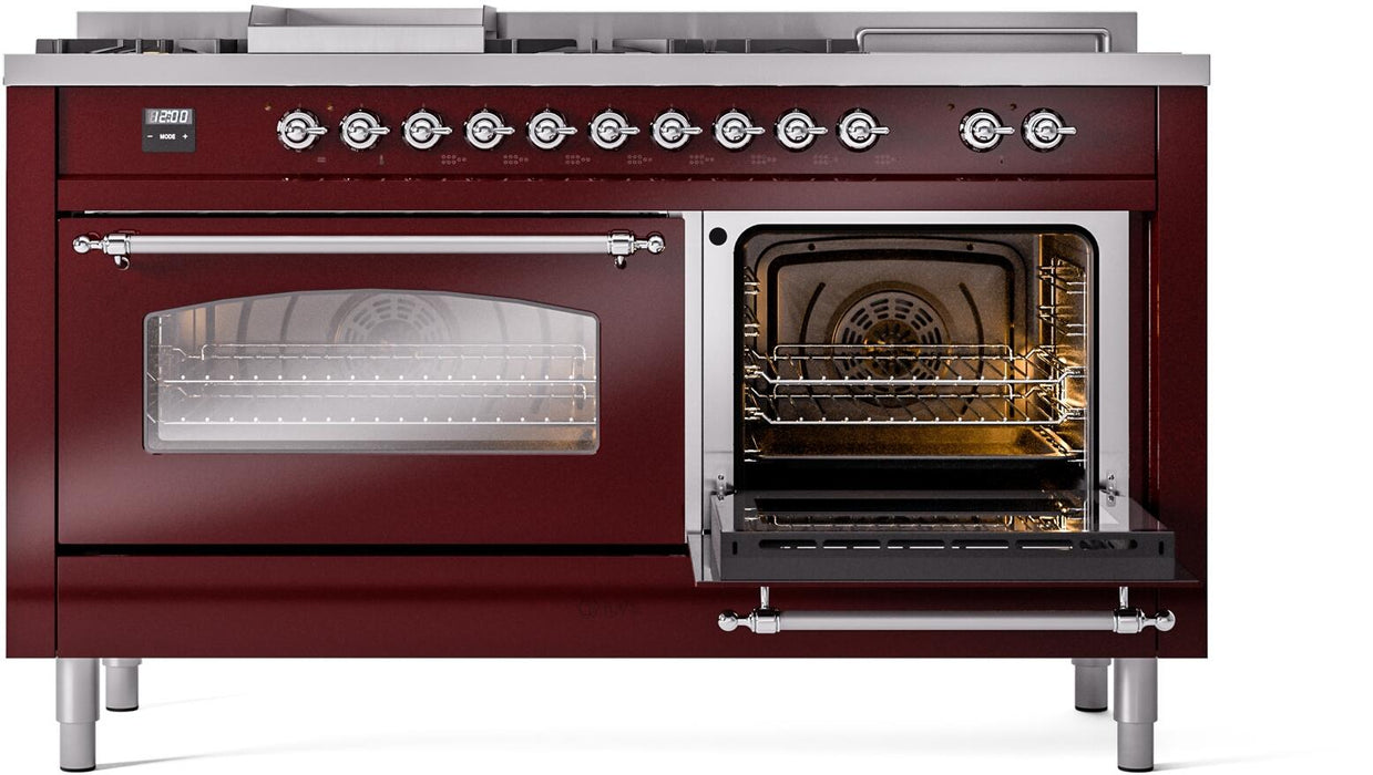 ILVE Nostalgie II 60" Dual Fuel Liquid Propane Range, Burgundy, Chrome Trim UP60FSNMPBUCLP