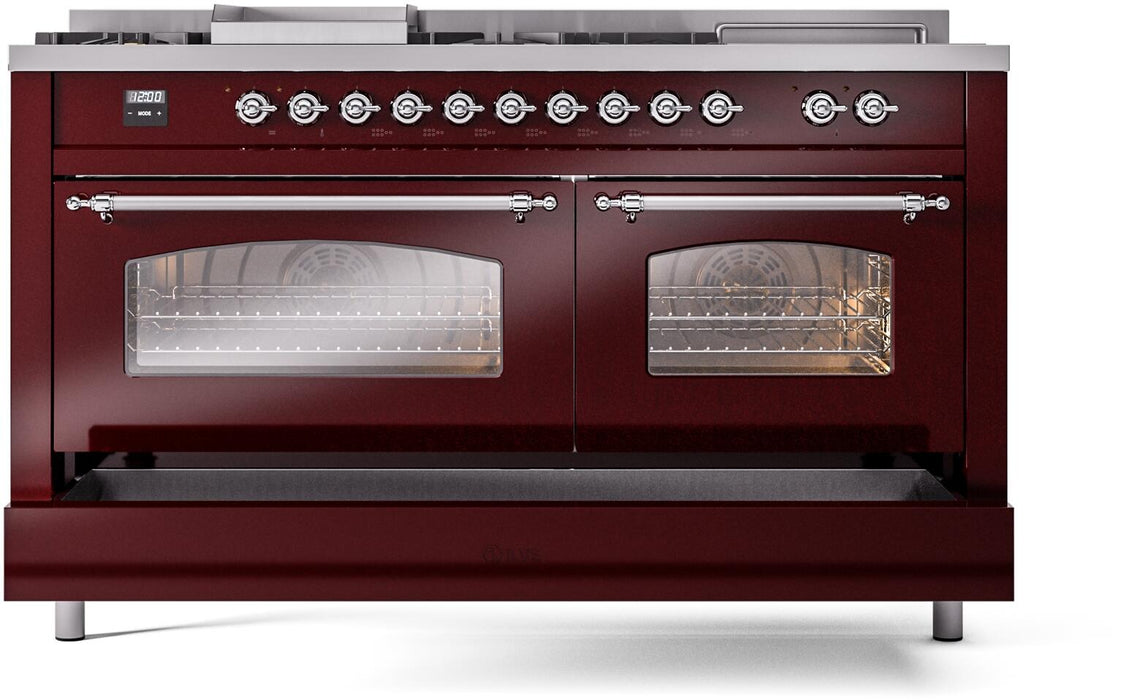 ILVE Nostalgie II 60" Dual Fuel Liquid Propane Range, Burgundy, Chrome Trim UP60FSNMPBUCLP