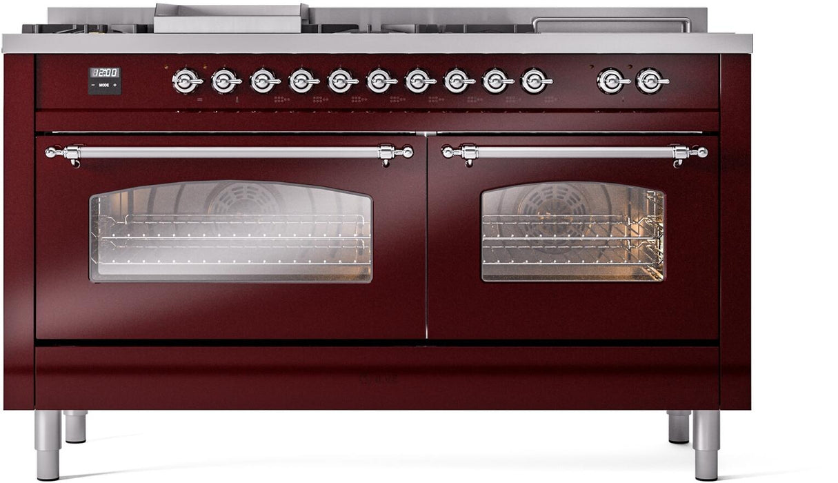 ILVE Nostalgie II 60" Dual Fuel Liquid Propane Range, Burgundy, Chrome Trim UP60FSNMPBUCLP