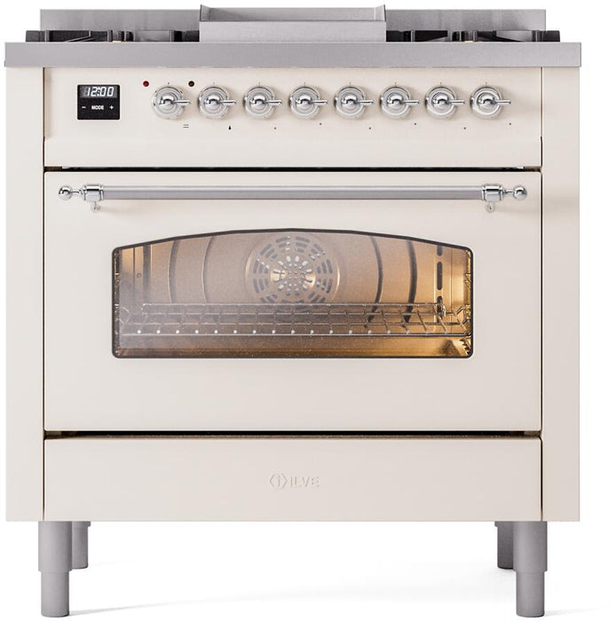 ILVE Nostalgie II 36" Dual Fuel Natural Gas Range, Antique White, Chrome Trim UP36FNMPAWC