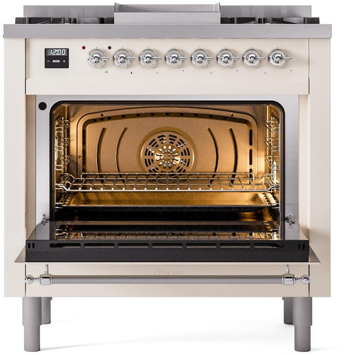 ILVE Nostalgie II 36" Dual Fuel Natural Gas Range, Antique White, Chrome Trim UP36FNMPAWC