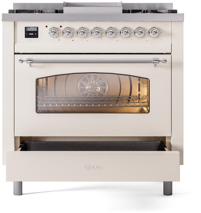 ILVE Nostalgie II 36" Dual Fuel Liquid Propane Range, Antique White, Chrome Trim UP36FNMPAWCLP