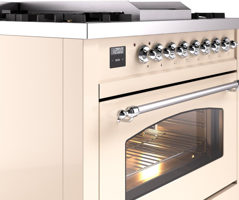 ILVE Nostalgie II 36" Dual Fuel Natural Gas Range, Antique White, Chrome Trim UP36FNMPAWC