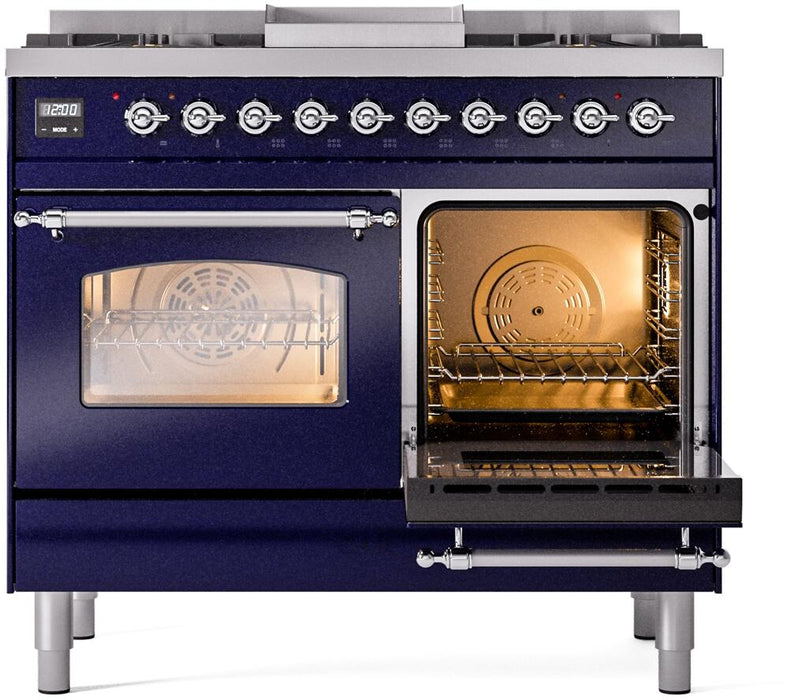 ILVE Nostalgie II 40" Dual Fuel Liquid Propane Range, Blue, Chrome Trim UPD40FNMPMBCLP