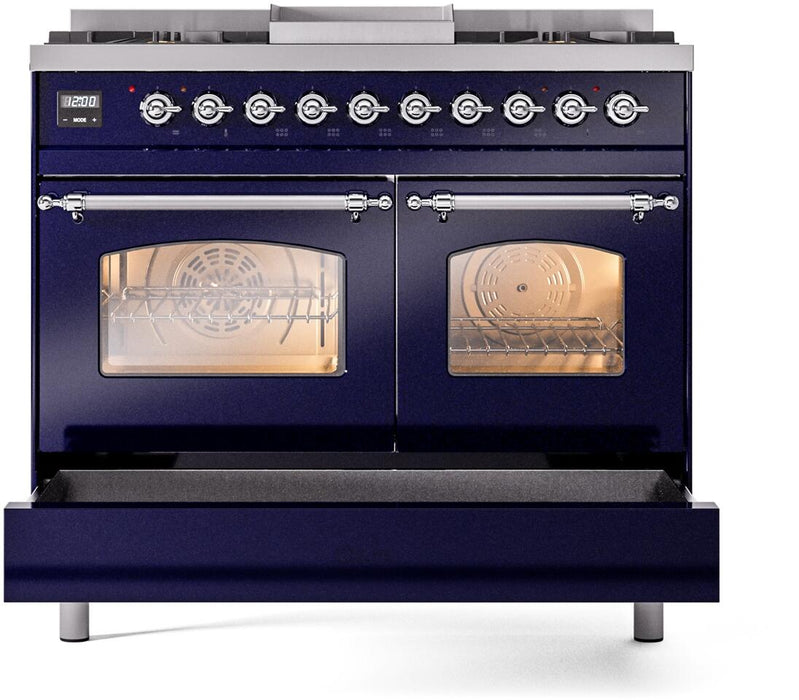 ILVE Nostalgie II 40" Dual Fuel Liquid Propane Range, Blue, Chrome Trim UPD40FNMPMBCLP
