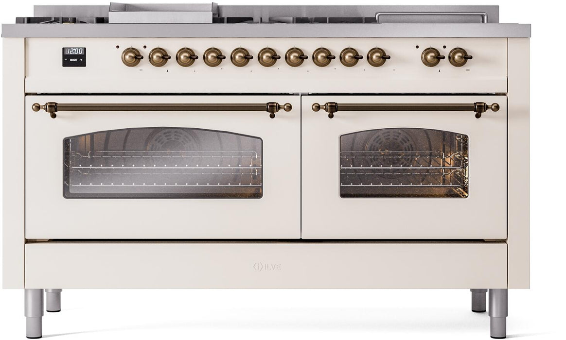 ILVE Nostalgie II 60" Dual Fuel Liquid Propane Range, Antique White, Bronze Trim UP60FSNMPAWBLP
