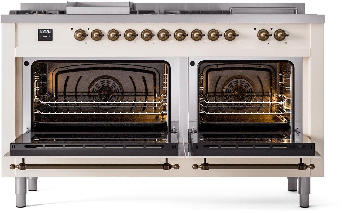 ILVE Nostalgie II 60" Dual Fuel Liquid Propane Range, Antique White, Bronze Trim UP60FSNMPAWBLP