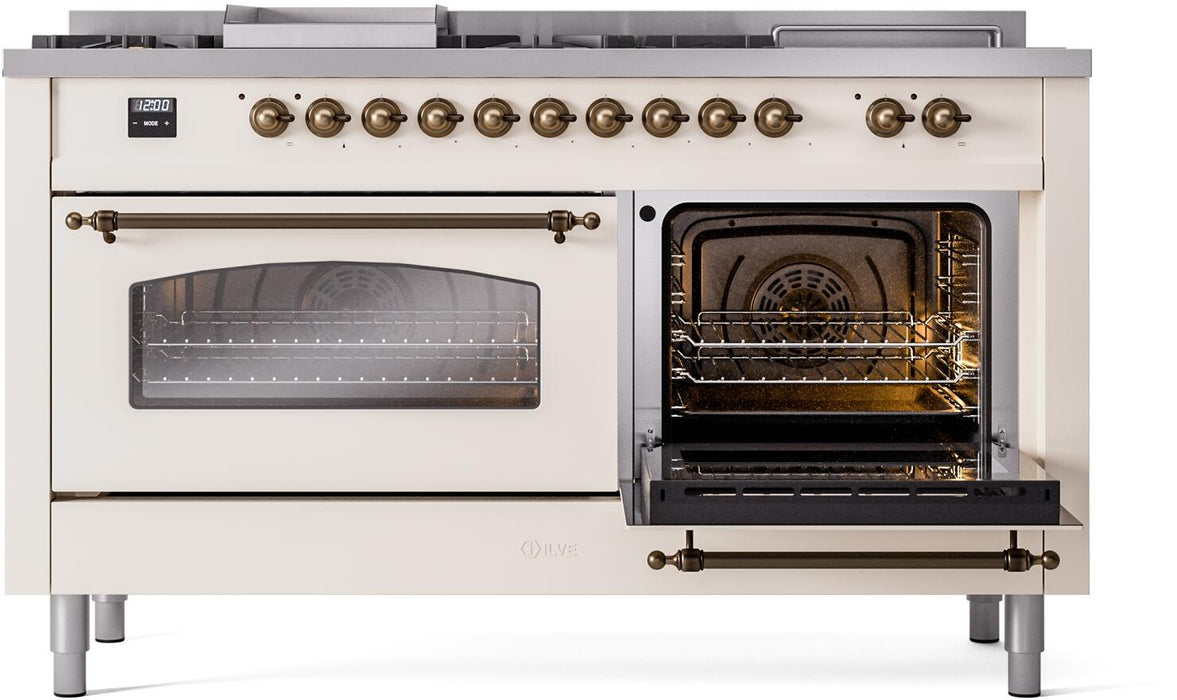 ILVE Nostalgie II 60" Dual Fuel Liquid Propane Range, Antique White, Bronze Trim UP60FSNMPAWBLP