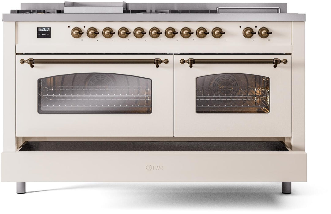 ILVE Nostalgie II 60" Dual Fuel Liquid Propane Range, Antique White, Bronze Trim UP60FSNMPAWBLP