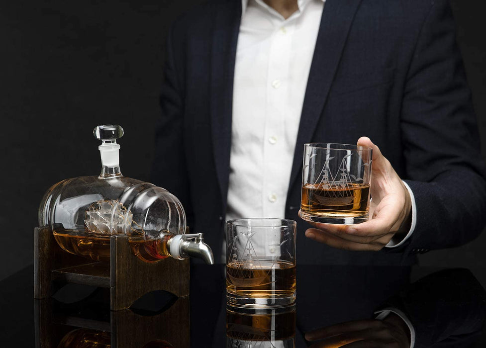 Whiskey Ship in a Barrel Decanter With Ship With 2-10 oz Glasses - By The Wine Savant, Whiskey & Wine Decanter Clear