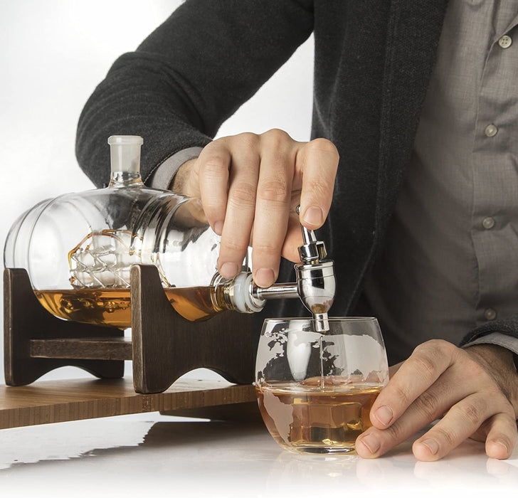 Whiskey Ship in a Barrel Decanter With Ship With 2-10 oz Glasses - By The Wine Savant, Whiskey & Wine Decanter Clear