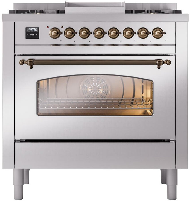 ILVE Nostalgie II 36" Dual Fuel Liquid Propane Range, Stainless Steel , Bronze Trim UP36FNMPSSBLP