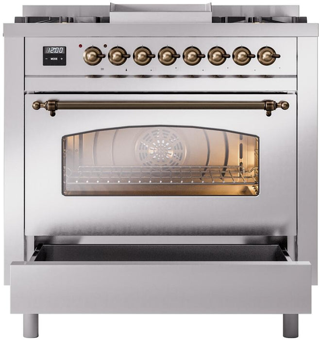 ILVE Nostalgie II 36" Dual Fuel Liquid Propane Range, Stainless Steel , Bronze Trim UP36FNMPSSBLP