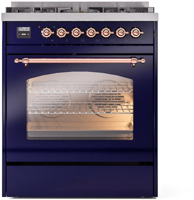 ILVE Nostalgie II 30" Dual Fuel Natural Gas Range, Blue, Copper Trim UP30NMPMBP