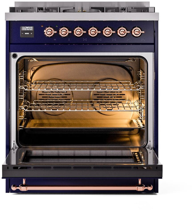 ILVE Nostalgie II 30" Dual Fuel Natural Gas Range, Blue, Copper Trim UP30NMPMBP
